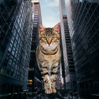 A giant tabby cat walking between city skyscrapers like a ka