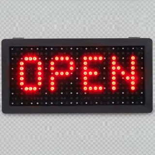The word 'OPEN' displayed on a red LED sign with glowing pix