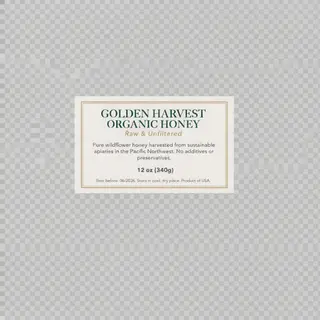 A product label for 'GOLDEN HARVEST ORGANIC HONEY' with subt