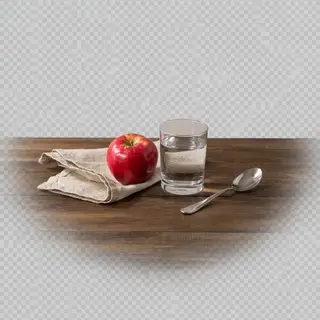 A still life on a wooden table featuring a clear glass of wa