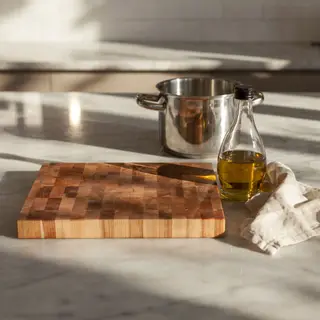 A kitchen counter with a stainless steel pot, a wooden cutti