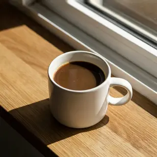 A coffee mug on a sunny windowsill casting a sharp shadow to