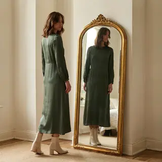 A woman standing in front of a full-length mirror, her refle