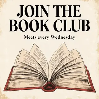 A book club poster with an open book illustration, the title