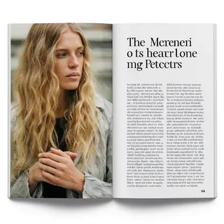 A fashion magazine spread with a full-bleed left-page photo,