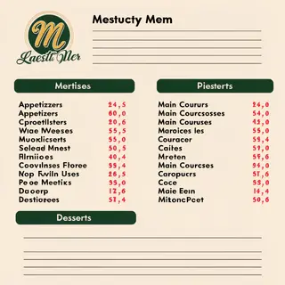 A restaurant menu layout with a logo header, three category 