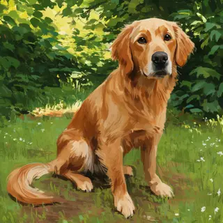 A golden retriever sitting in a garden, painted in the style