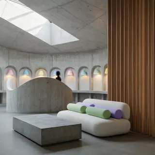 An interior scene rendered in soft brutalism — raw concrete 