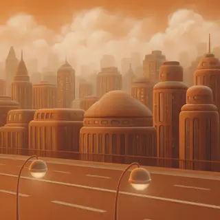 A cityscape rendered in nostalgic futurism — retro-futuristi