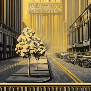 A city street scene in the style of Art Deco — geometric sha