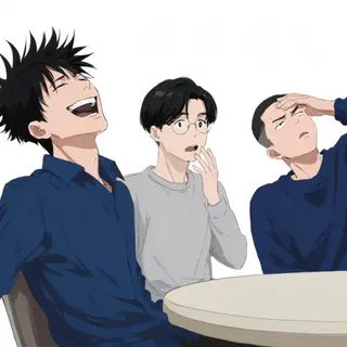 A group of three friends at a table: one laughing with head 