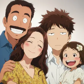 A family photo with four people: a father beaming with pride