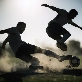 Two soccer players mid-tackle, one sliding and the other jum