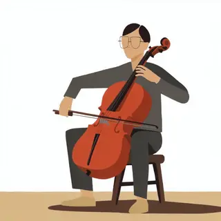 A cellist seated with correct posture, legs around the instr
