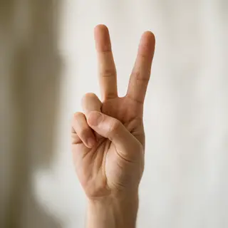 A person making a peace sign with their right hand, clearly 