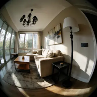 A wide-angle shot of a modern living room interior showing e