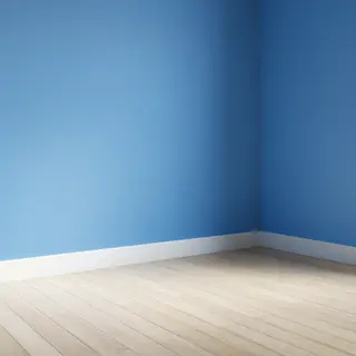 A room with walls in #4A90D9 (medium blue) with warm wooden 