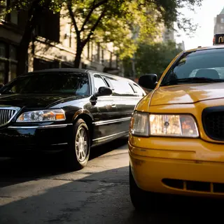 A yellow taxi and a black limousine parked next to each othe