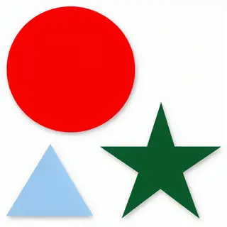 A large red circle, a small blue triangle, and a medium gree