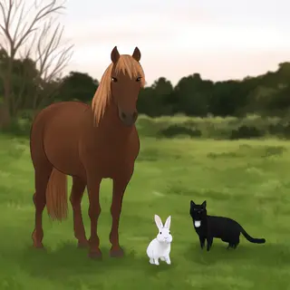 A big brown horse, a small white rabbit, and a medium-sized 