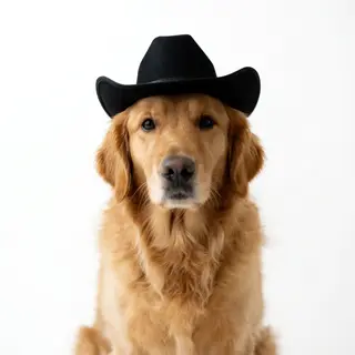 A golden retriever wearing a tiny cowboy hat