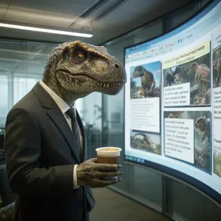 A dinosaur in a business suit giving a PowerPoint presentati
