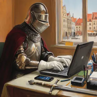 A medieval knight in full armor sitting at a desk typing on 