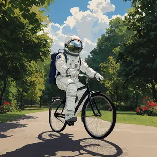 An astronaut in a spacesuit riding a bicycle through a park
