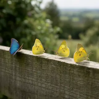 1 blue butterfly and 3 yellow butterflies resting on a garde