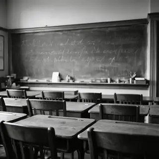 A classroom with desks and a chalkboard but no students