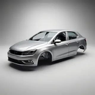 A car body with windows, doors, and headlights but no wheels