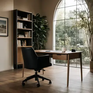 An office workspace with a desk, chair, bookshelf, and lamp 