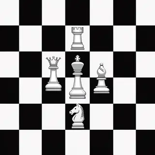 Five chess pieces on a board: a king in the center, a queen 