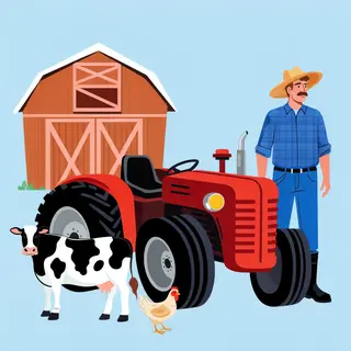 A farm scene with a barn, tractor, farmer, cow, chicken, and