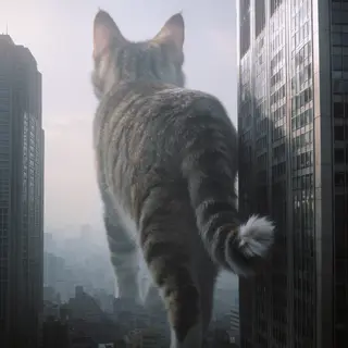 A giant tabby cat walking between city skyscrapers like a ka