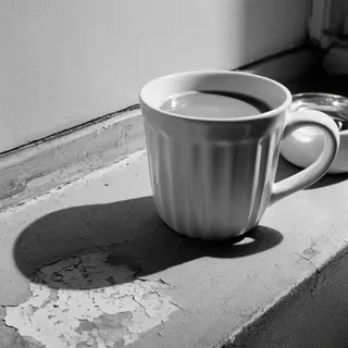 A coffee mug on a sunny windowsill casting a sharp shadow to