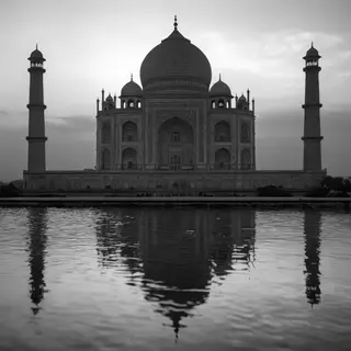 The Taj Mahal in Agra seen from the reflecting pool, with ac