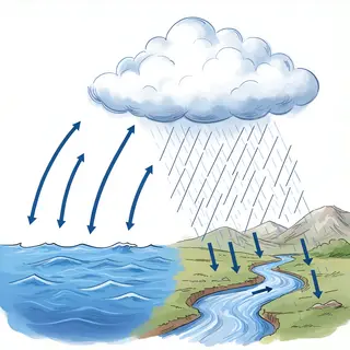 A detailed diagram of the water cycle showing evaporation fr