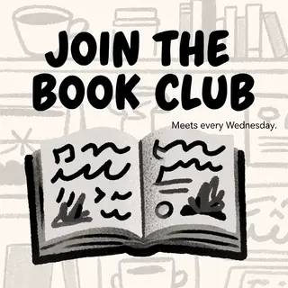 A book club poster with an open book illustration, the title