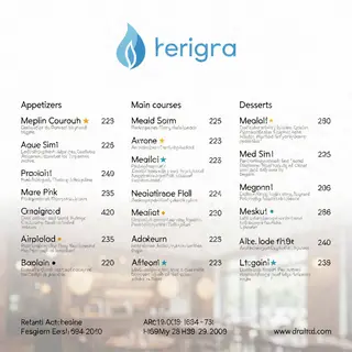 A restaurant menu layout with a logo header, three category 