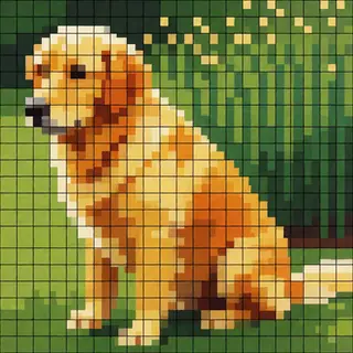 A golden retriever sitting in a garden, rendered in pixel ar