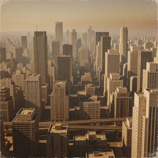 A cityscape rendered in nostalgic futurism — retro-futuristi