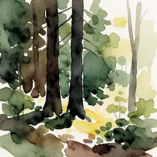 A forest rendered in photorealistic watercolor — the detail 