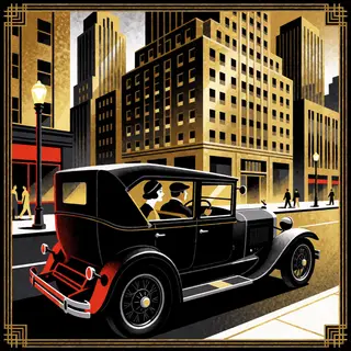 A city street scene in the style of Art Deco — geometric sha
