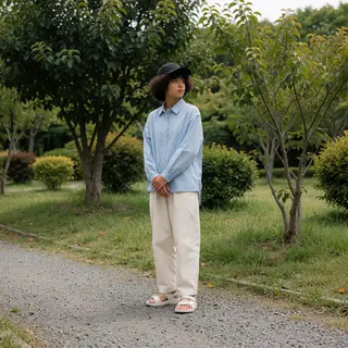 A person standing in a neutral pose in a park, full body vis