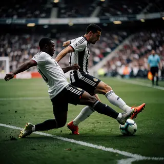 Two soccer players mid-tackle, one sliding and the other jum