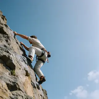 A rock climber clinging to a cliff face with arms and legs e