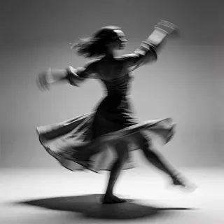 A dancer in a dynamic spin, dress flowing outward with one l