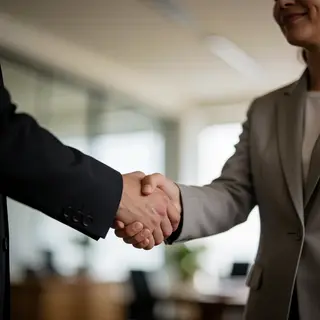 Two people shaking hands in a professional setting, all fing