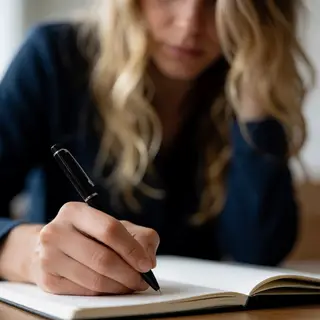 A woman writing in a notebook with a pen gripped correctly i